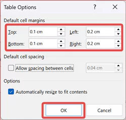 add space between text and table borders