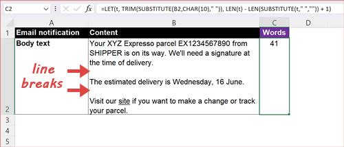 count characters and words in excel